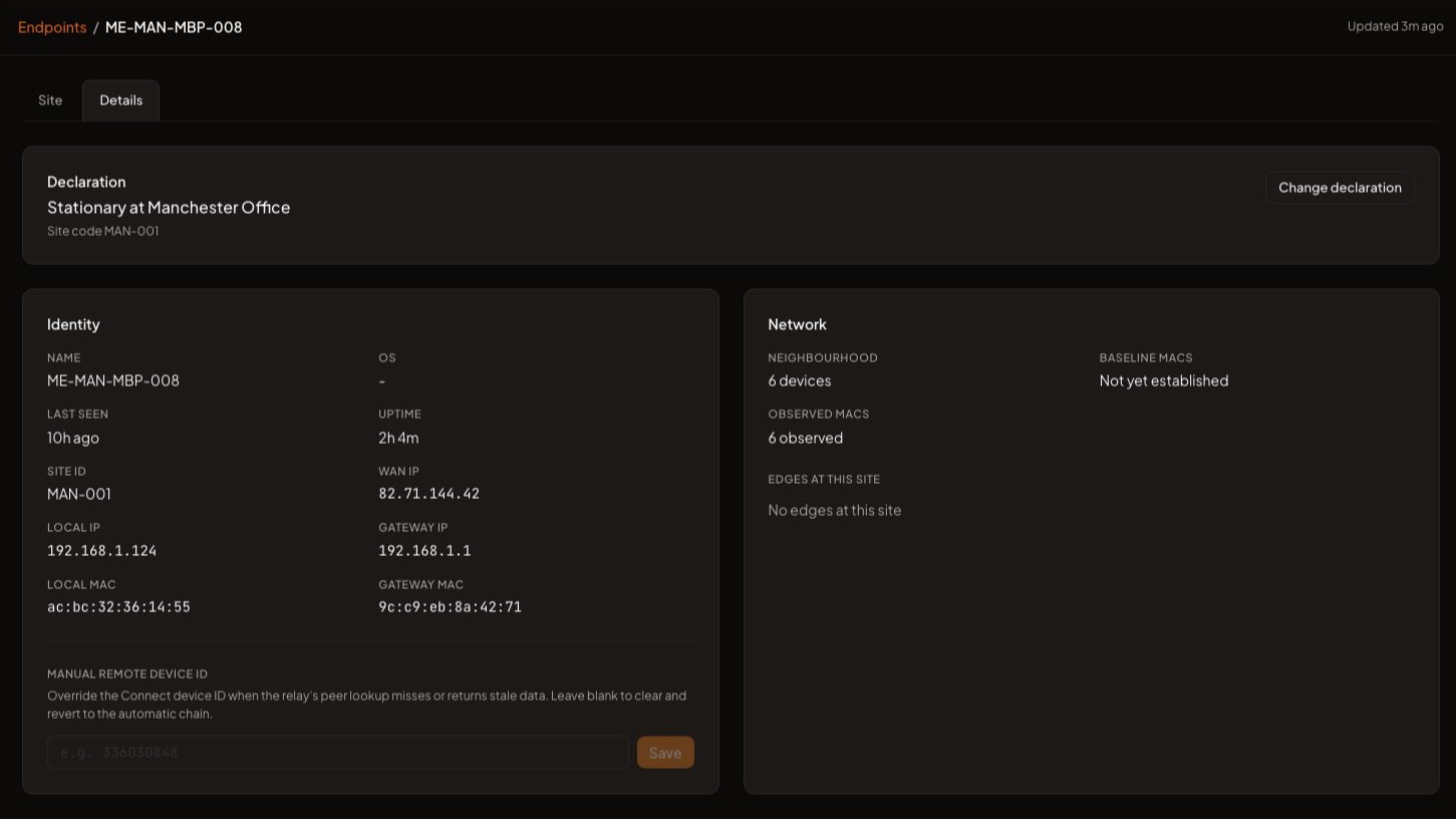 Ryuzen endpoint detail showing site declaration and network identity