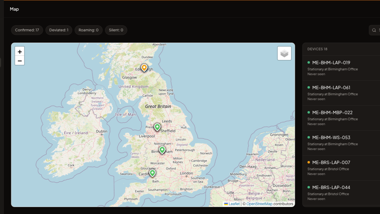 Ryuzen dashboard showing a sample fleet of endpoints across UK sites